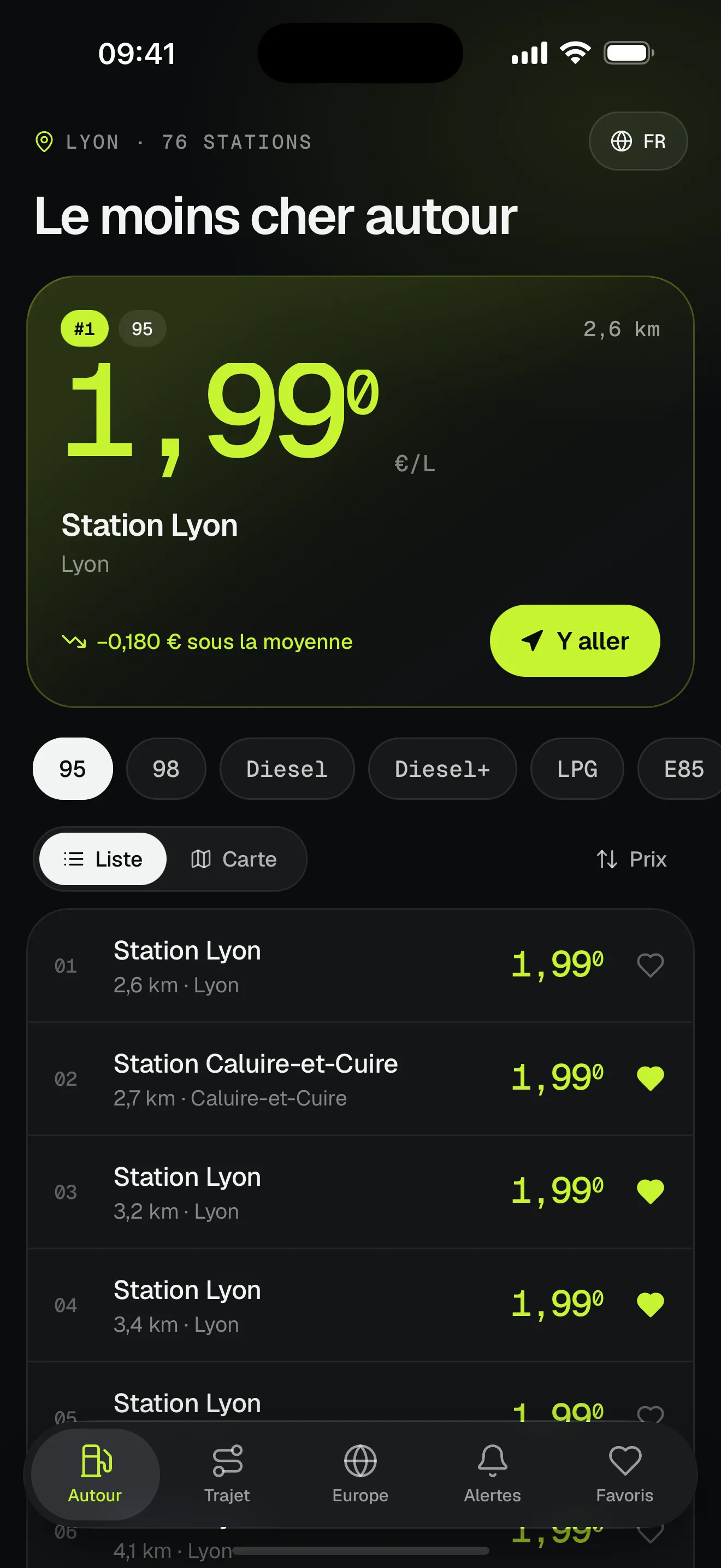 OctaFuel sur iPhone affichant la station-service la moins chère à proximité et la liste des stations triées par prix