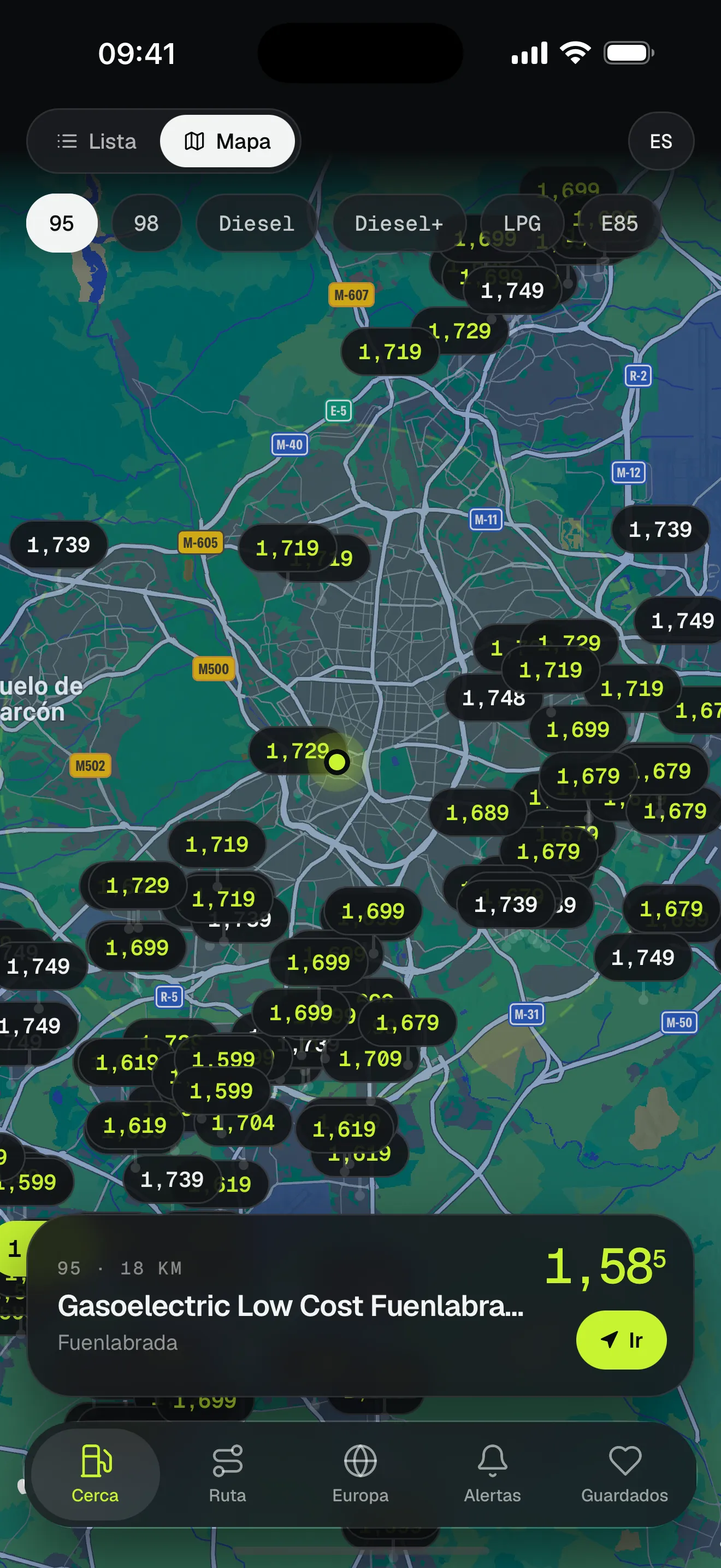 Mapa de Lisboa con el precio de cada gasolinera