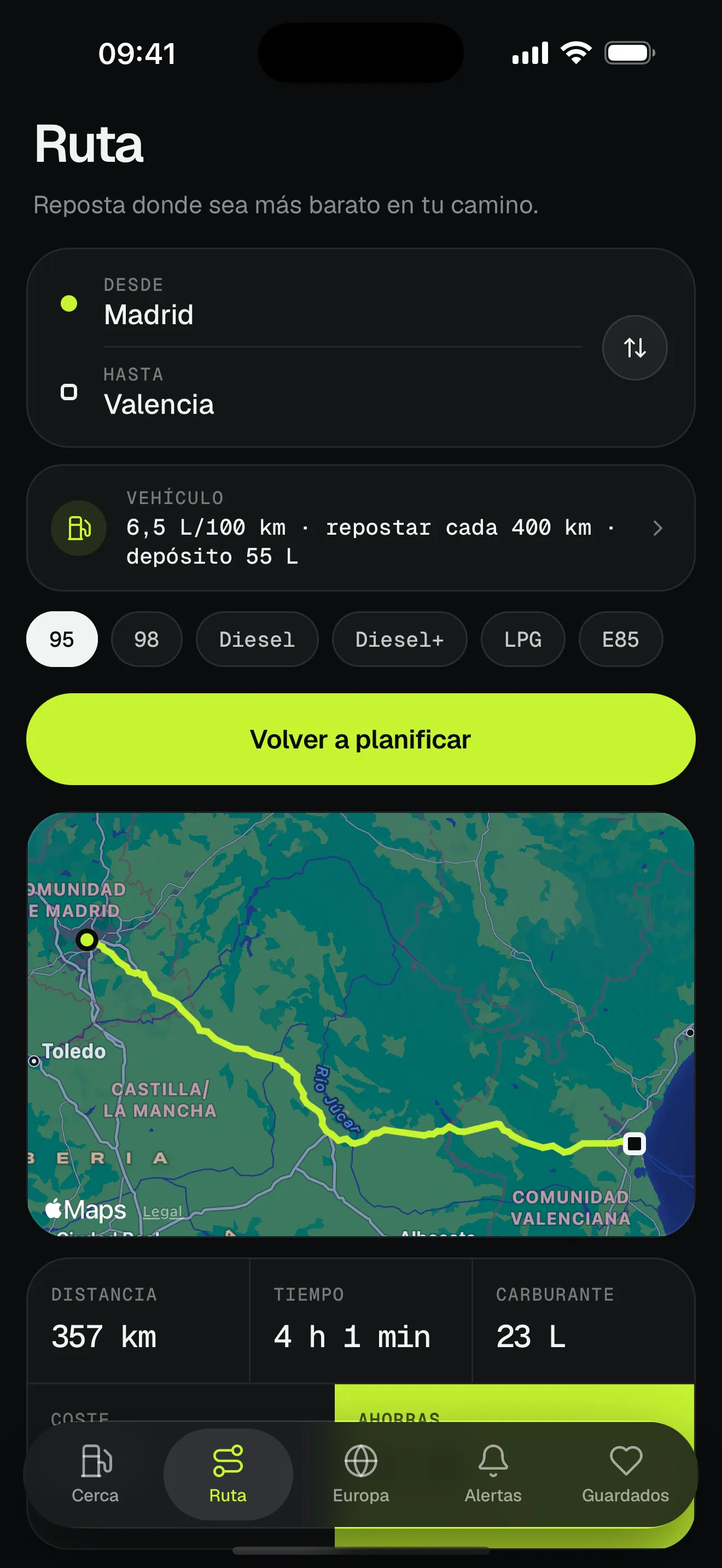 Planificador de rutas de Lisboa a Madrid con la parada más barata marcada en el mapa