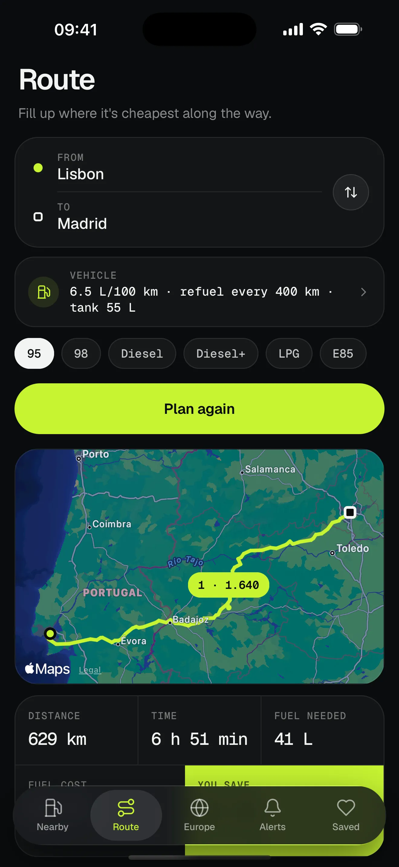 Ruteplanlægger fra Lissabon til Madrid med det billigste stop markeret på kortet
