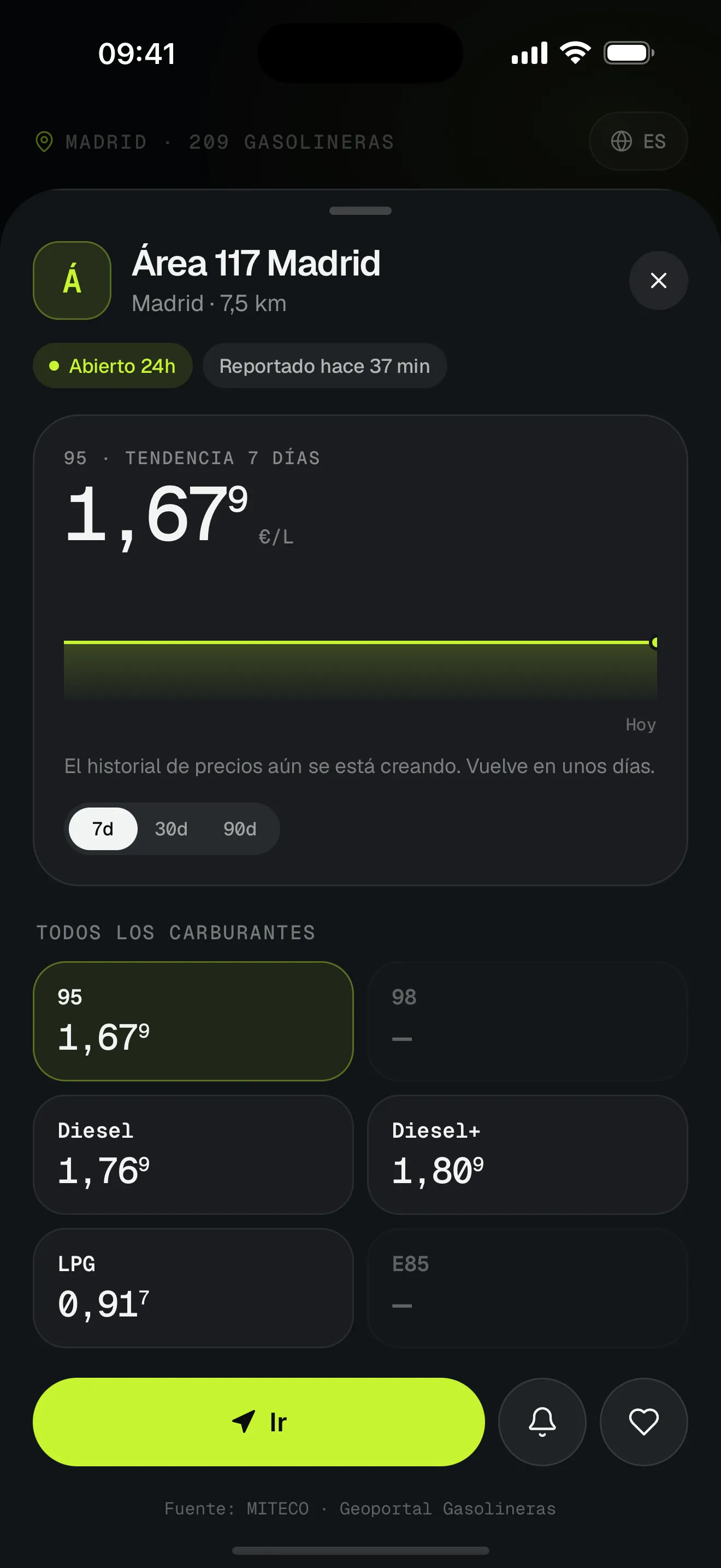 Ficha de una gasolinera con todos los precios y un gráfico del historial de precios