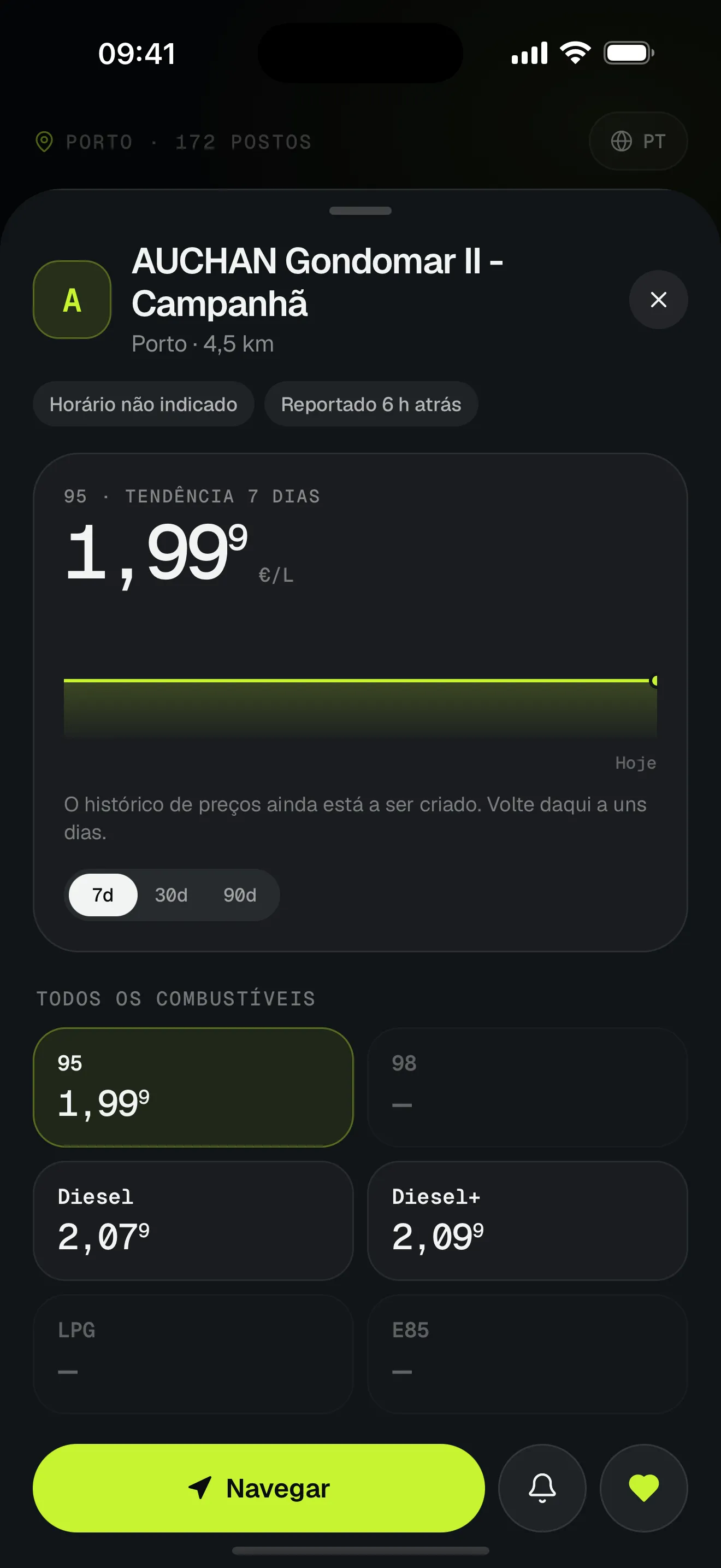 Detalhe de um posto com os preços de todos os combustíveis e o gráfico da evolução do preço